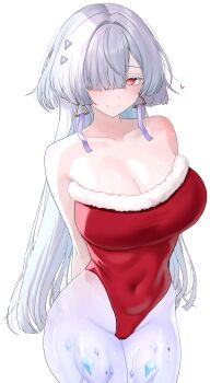 1girl absurdres alternate_breast_size_(larger) arms_behind_back bare_shoulders breasts cleavage closed_mouth collarbone colored_eyelashes commentary_request covered_navel cowboy_shot earrings fur-trimmed_leotard fur_trim gweda hair_intakes hair_ornament hair_over_one_eye heart highleg highleg_leotard highres jewelry large_breasts leotard looking_at_viewer mornye_(wuthering_waves) red_eyes red_leotard see-through_body simple_background smile solo strapless strapless_leotard tacet_mark_(wuthering_waves) thick_thighs thighs triangle_earrings white_background wuthering_waves