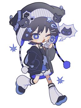 Rule 34 | 1boy, alternate costume, animal ear headwear, animal hat, arm at side, asymmetrical sleeves, beanie, belt, belt buckle, belt collar, black belt, black coat, black collar, black hair, black hat, black shirt, black shoes, black sleeves, blue shoes, blunt ends, blush, bright pupils, buckle, casual, cat, cat hat, cellphone, clothing request, coat, collar, contemporary, eyeliner, eyeshadow, fake animal ears, flip phone, full body, genshin impact, hand up, hat, highres, holding, holding phone, hood, hood down, hooded coat, kingyo (nyankomanjyuu15), leg warmers, long sleeves, looking at viewer, makeup, male focus, mismatched sleeves, multicolored shoes, off shoulder, one eye closed, open mouth, phone, pom pom (clothes), pom pom beanie, purple eyes, red eyeliner, red eyeshadow, safety pin, scaramouche (genshin impact), shirt, shoes, shorts, sleeves past fingers, sleeves past wrists, solo, spoken animal, two-tone shoes, undershirt, white background, white leg warmers, white pupils, white shorts, wispy bangs