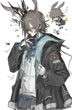 Rule 34 | 1boy, absurdres, amiya (arknights), amiya (medic) (arknights), animal ears, arknights, ascot, black jacket, blood, blood on face, blood on hand, blue ascot, blue eyes, brown hair, chibi, chinese commentary, closed mouth, commentary request, cowboy shot, fuhuazhendeshishijiezhenbao, genderswap, genderswap (ftm), hair between eyes, hair over one eye, highres, jacket, jewelry, long sleeves, looking at viewer, male focus, mars symbol, multiple rings, open clothes, open jacket, rabbit boy, rabbit ears, ring, ring on every finger, shirt, shorts, solo, sparkle, white shirt