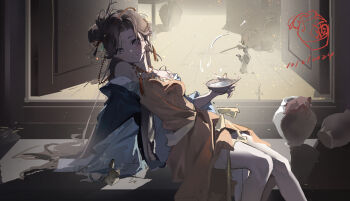 1girl absurdres alcohol backlighting black_eyes black_hair bowl chinese_clothes dated dress facial_mark feet_out_of_frame forehead_mark from_side green_sleeves grin hair_branch hair_bun hand_up hanfu highres holding holding_bowl jewelry jiu_niangzi liquor long_hair long_sleeves looking_at_viewer necklace off_shoulder open_door red_dress reverse:1999 short_dress single_side_bun sitting smile solo statuette wide_sleeves yan_jing_tian