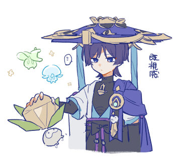 Rule 34 | ..., 1boy, arm at side, belt, black belt, black bodysuit, black bow, black bridal gauntlets, black shorts, blue gem, blue kimono, blue sleeves, blunt ends, bodysuit, bow, bridal gauntlets, cape, choppy bangs, closed mouth, commentary request, covered collarbone, creature, creature request, expressionless, eyeliner, feathers, fingernails, fungi (genshin impact), gem, genshin impact, gold, hand up, hat, highres, holding, holding creature, japanese clothes, jingasa, juban, kimono, layered sleeves, looking at creature, makeup, male focus, mandarin collar, open clothes, open kimono, pom pom (clothes), purple cape, purple eyes, purple hair, purple hat, purple sash, red eyeliner, sash, scaramouche (genshin impact), short sleeves, shorts, side cape, solo, speech bubble, spoken ellipsis, tenpi (hello 3152), translation request, tsurime, vision (genshin impact), wanderer (genshin impact), white background, white kimono, white sleeves, yellow feathers