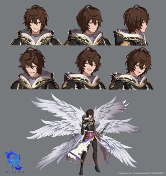 3d ahoge angry armor belt bishounen black_panties boots breastplate brown_hair cape reference_sheet clenched_teeth closed_eyes commentary commentary_request company_name expressionless multiple_expressions feathered_wings fingerless_gloves full_body gloves granblue_fantasy granblue_fantasy_versus:_rising grey_background hair_between_eyes happy head_tilt high_heel_boots high_heels highres hood hood_down logo male_focus messy_hair multiple_views official_art panties pants red_eyes sandalphon_(granblue_fantasy) scabbard sheath smile sword teeth tight_clothes tight_pants turtleneck underwear upper_teeth_only weapon white_cape white_wings wings