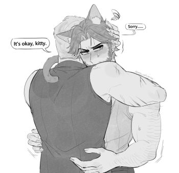 2boys animal_ears arm_hair back blush cat_boy cat_ears cat_tail crying cuts deadpool english_text facial_hair hand_on_another&#039;s_head highres hug injury k4nc_wolverine male_focus marvel monochrome multiple_boys muscular muscular_male short_hair speech_bubble squiggle tail tank_top twitter_username wolverine_(x-men) x-men x-men_film_series x-men_origins:_wolverine yaoi