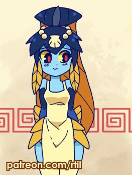 1girl animated animated_gif apron blue_skin blush bowl breasts cleavage colored_sclera colored_skin covering_breasts covering_privates embarrassed fins fish_girl hair_ornament leaning_forward looking_at_viewer looking_down minette_(skullgirls) naked_apron open_mouth red_eyes red_pupils rice rtil shell shell_hair_ornament skullgirls solo thighhighs tray yellow_sclera