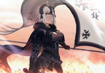 1girl 9nojo ahoge armor armored_dress black_cape blush breasts cape cleavage commentary_request dress fate/grand_order fate_(series) female_focus fire flag from_side fur-trimmed_cape fur_collar fur_trim headpiece holding holding_flag jeanne_d&#039;arc_(fate) jeanne_d&#039;arc_alter_(avenger)_(fate) jeanne_d&#039;arc_alter_(fate) large_breasts looking_at_viewer red_cape short_hair silver_hair smile solo yellow_eyes