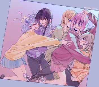 Rule 34 | 5girls, amaori renako, black hair, black pants, blonde hair, blue eyes, blue hair, blue skirt, blush, braid, brown eyes, brown hair, commentary request, green shirt, hair bun, hair ribbon, half up braid, highres, hood, hoodie, koto satsuki, koyanagi kaho, long hair, medium hair, mou liang, multiple girls, ouzuka mai, pants, pink hair, pink hoodie, pink skirt, purple eyes, purple sweater, red eyes, ribbon, sena ajisai, shirt, single side bun, skirt, sweat, sweater, twitter username, watashi ga koibito ni nareru wake naijan murimuri!, yellow ribbon, yellow shirt, yellow sweater, yuri