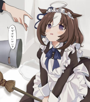 Rule 34 | 1girl, 1other, @ @, ahoge, alternate costume, animal ears, apron, black dress, blue bow, blush, bow, broom, brown eyes, brown hair, bucket, collared dress, commentary request, crying, crying with eyes open, dress, enmaided, frilled apron, frills, highres, horse ears, juliet sleeves, long sleeves, maid, maid day, meisho doto (umamusume), multicolored hair, out of frame, parted lips, puddle, puffy sleeves, solo focus, spill, tears, two-tone hair, umamusume, usako (umauma0602), water, wavy mouth, white apron, white hair