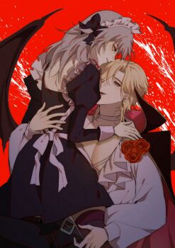 1boy 1girl alternate_costume apron aventurine_(honkai:_star_rail) back_bow belt black_bow black_cloak black_dress black_pants blonde_hair blue_eyes bow brown_belt brown_thighhighs chair choker cloak commentary dress earrings empty_eyes english_commentary enmaided fang fingernails flower frills from_behind grey_hair hair_between_eyes hair_bow half-closed_eyes hand_on_another&#039;s_back hand_on_another&#039;s_shoulder hand_up hetero honkai:_star_rail honkai_(series) jewelry juliet_sleeves long_hair long_sleeves looking_at_another looking_down looking_up maid maid_headdress multicolored_eyes on_chair open_mouth pants puffy_long_sleeves puffy_sleeves purple_eyes puyurin red_background red_cloak red_flower red_rose rose shirt short_hair simple_background single_earring sitting sitting_on_person smile stelle_(honkai:_star_rail) teeth thighhighs trailblazer_(honkai:_star_rail) two-sided_cloak two-sided_fabric white_apron white_bow white_choker white_shirt yellow_eyes