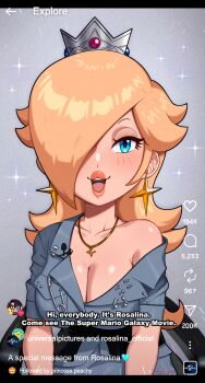 1girl :3 blonde_hair blue_eyes breasts cleavage collarbone crown earrings eyelashes hair_over_one_eye jewelry large_breasts long_hair looking_at_viewer mario_(series) necklace nintendo off_shoulder rosalina sarukaiwolf short_sleeves smile solo star_(symbol) star_earrings super_mario_galaxy the_super_mario_galaxy_movie thick_lips upper_body viewfinder
