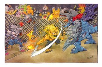 Rule 34 | agumon, digimon, digimon (creature), etemon, highres, jijimon, koromon, leomon, looking at another, mameo (digimon), metalgreymon (virus), metalmamemon, numemon, orgemon, picklemon, sharp teeth, sword, teeth, tentacles, tunomon, vegimon, weapon, weregarurumon