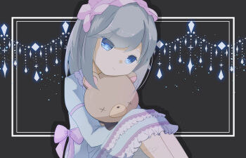 Rule 34 | 1girl, blue dress, blue eyes, bow, dress, drop shadow, eyelashes, frilled dress, frills, girlfriend (kari), gothic lolita, grey background, grey hair, hairband, head tilt, lolita fashion, lolita hairband, long hair, looking at viewer, mikurube 2290, pink bow, sitting, solo, split mouth, stuffed animal, stuffed toy, teddy bear, tsukiguma rinko