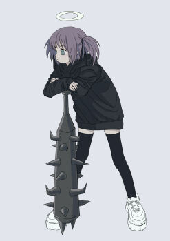 1girl alternate_costume black_hoodie black_nails black_ribbon black_thighhighs bokusatsu_tenshi_dokuro-chan closed_mouth club club_(weapon) expressionless full_body green_eyes grey_background hair_ribbon halo hands_on_hilt highres hood hood_down hoodie leaning_on_weapon long_sleeves looking_ahead mitsukai_dokuro no_pants planted planted_club platform_shoes ribbon shoes short_hair short_twintails simple_background sneakers sokoko solo spiked_club standing thighhighs twintails weapon zettai_ryouiki