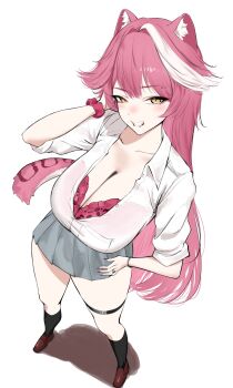1girl animal_ears animal_print black_socks blush bra bra_peek bra_visible_through_clothes bracelet breasts brown_shoes cleavage collarbone collared_shirt commentary eyebrow_piercing face_piercing fangs fingernails from_above grey_skirt grin hair_intakes hand_on_own_hip hashtag-only_commentary highres hololive hololive_english huge_breasts jewelry leopard_print leopard_print_bra loafers long_hair long_sleeves mulhubs multicolored_hair nail_polish panther_ears panther_girl panther_tail piercing pink_bra pink_hair pink_nails pink_scrunchie pink_tail pleated_skirt print_bra raora_panthera ring school_uniform scrunchie shirt shoes side_labret_piercing simple_background skirt smile socks solo streaked_hair tail teeth thigh_strap thighs two-tone_hair underwear virtual_youtuber white_background white_shirt wrist_scrunchie yellow_eyes