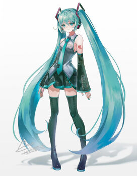 1girl aqua_eyes aqua_hair bare_shoulders black_skirt black_sleeves closed_mouth detached_sleeves full_body hatsune_miku highres long_hair memory_mie number_tattoo shadow simple_background skirt solo standing tattoo very_long_hair vocaloid white_background
