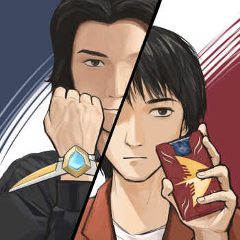 2boys actor_connection advent_deck agulater black_eyes black_hair black_shirt blue_background chocornetto clenched_hand closed_mouth collared_jacket collared_shirt commentary crossover curtained_hair expressionless fingernails fujimiya_hiroya genre_connection hand_up highres holding jacket kamen_rider kamen_rider_ryuki_(series) light_smile long_sleeves looking_at_viewer male_focus multiple_boys open_clothes open_jacket portrait red_background red_jacket shirt short_hair split_theme straight-on swept_bangs takano_hassei tezuka_miyuki three-toned_background tokusatsu ultra_series ultraman_gaia_(series) veins veiny_hands white_background white_shirt