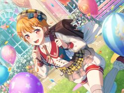 Rule 34 | 1girl, :d, backpack, bag, bag charm, balloon, bang dream!, bench, beret, blush, bow, building, center frills, charm (object), collared shirt, confetti, dutch angle, earrings, flower, frills, hair ornament, hairclip, hat, hat bow, jewelry, kitazawa hagumi, leg lift, looking at viewer, necktie, official art, open mouth, orange eyes, orange hair, outdoors, pocket watch, puffy shorts, sailor collar, see-through, see-through sleeves, shirt, short hair, shorts, smile, solo, stuffed animal, stuffed toy, thighhighs, third-party source, watch
