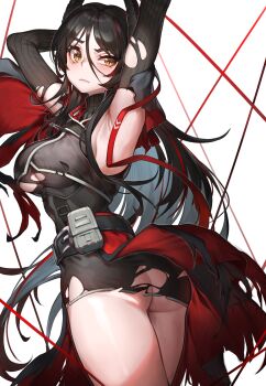 +_+ 1girl arched_back arknights armpits arms_up ass belt belt_buckle belt_pouch black_belt black_dress black_hair black_horns black_shirt black_sleeves blush breasts buckle closed_mouth colored_inner_hair commentary cowboy_shot crop_top cropped_shirt demon_girl demon_horns detached_sleeves dress eyelashes floating_clothes floating_hair flustered from_behind grey_hair hair_between_eyes hair_flowing_over half-closed_eye high_collar highres horns ines_(arknights) large_breasts lips long_bangs long_hair looking_at_viewer looking_back mole mole_under_eye multicolored_hair multiple_moles mwomwomwo no_bra no_panties popped_collar pouch ribbed_sleeves shadow shirt short_dress simple_background sleeveless sleeveless_dress sleeveless_shirt solo standing straight_hair string thighs tight_clothes torn_clothes torn_dress torn_shirt torn_sleeves turtleneck two-tone_hair underboob very_long_hair waist_cape white_background yellow_eyes