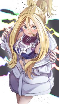 1girl :d absurdres blonde_hair blush coat commentary_request cowboy_shot fingerless_gloves gloves grey_eyes hair_between_eyes hair_bun highres korrina_(pokemon) long_bangs long_sleeves looking_at_viewer mega_stone nintendo open_mouth partially_unzipped pokemon pokemon_legends:_z-a smile solo takenaka_takeshi unzipping white_coat white_gloves