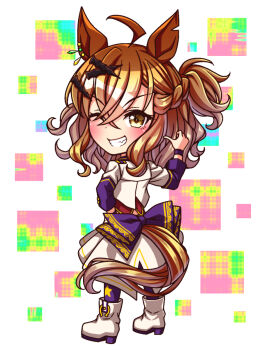 ahoge animal_ears blush boots braid brown_hair chibi chibi_only commentary_request corset cropped_jacket from_behind grin hair_between_eyes hair_ornament hairclip half_up_braid half_up_half_down_braid highres horse_ears horse_girl horse_tail jacket jungle_pocket_(umamusume) long_sleeves looking_at_viewer looking_back medium_hair multiple_girls notched_ear one_eye_closed open_mouth overskirt purple_thighhighs red_corset smile star_(symbol) starting_future_(umamusume) sugimotty_nova tail teeth thighhighs umamusume white_boots white_jacket wristband yellow_eyes
