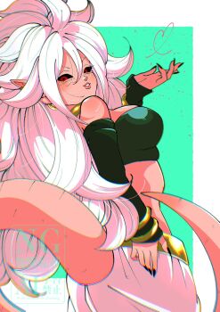 1girl android_21 bare_shoulders black_sclera black_tube_top blowing_kiss border breasts colored_sclera colored_skin commentary_request cowboy_shot dragon_ball dragon_ball_fighterz eyelashes from_behind green_background heart highres looking_at_viewer looking_back majin_android_21 medium_breasts pants pink_skin pink_tail pointy_ears red_eyes simple_background solo stktik09060906 strapless tube_top white_border white_hair white_pants