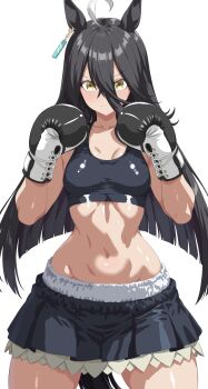 Rule 34 | 1girl, ahoge, animal ears, bare shoulders, black hair, black skirt, black sports bra, blush, boxing, boxing gloves, breasts, closed mouth, collarbone, commentary request, ear tag, earrings, hair between eyes, highres, horse ears, horse girl, jewelry, kasana, long bangs, long hair, long hair between eyes, looking at viewer, manhattan cafe (umamusume), medium breasts, midriff, navel, simple background, skirt, solo, sports bra, stomach, toned, toned female, umamusume, very long hair, white background, white hair, yellow eyes