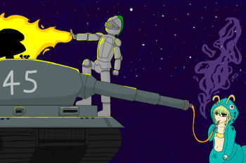 1boy 1girl armor arthropod_girl black_souls black_souls_2 bosske breasts caterpillar_girl cleavage drugs edelweiss_(band) full_armor gauntlets green_eyes green_hair grimm_(black_souls) hair_between_eyes helmet highres holding hood hood_up hookah knight magic medium_breasts military_vehicle motor_vehicle mushroom nffnsnc_(edelweiss) night numbered panzer_iv parody shisha_(black_souls) sidelocks sky star_(sky) tank