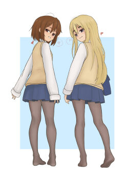 2girls ahoge andreypavlow black_pantyhose blonde_hair blue_background blue_eyes blue_skirt brown_eyes brown_hair collared_shirt commentary double-parted_bangs from_behind from_below hair_between_eyes heart highres hirasawa_yui k-on! kotobuki_tsumugi long_hair long_sleeves looking_at_viewer medium_hair multiple_girls no_shoes pantyhose parted_lips pleated_skirt shirt sidelocks simple_background skirt smile spoken_heart sweater_vest thick_eyebrows white_background white_shirt yellow_sweater_vest