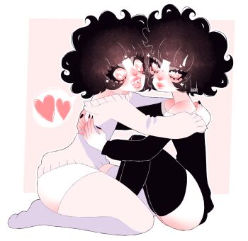 1boy 1other ash_kinoshita black_hair black_nails blunt_bangs crossdressing crossdressing_(mtf) curly_hair dreamalgia elliott_kinoshita eyelashes fluffy_hair heart heart-shaped_pupils highres hug lips open_mouth original pale_skin pastel_goth pink_sweater sharp_teeth shirt short_hair siblings sitting smile sparkling_eyes spoken_heart sweater symbol-shaped_pupils teeth thick_lips thick_thighs thighhighs thighs trap twins