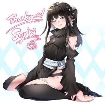 Rule 34 | 1girl, absurdres, barefoot, black bow, black hair, black leggings, blue eyes, bow, clothing cutout, commentary request, commission, final fantasy, final fantasy xiv, freckles, hair bow, highres, kneeling, leggings, long hair, parted lips, pelvic curtain, ponytail, shoulder cutout, skeb commission, solo, sui hi sf, thank you