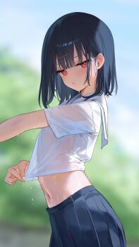 1girl bad_link black_hair blurry blush breasts depth_of_field food-themed_hair_ornament hair_ornament highres ichigo_(mignon) looking_at_viewer mignon navel original outdoors red_eyes school_uniform see-through_clothes serafuku shirt skirt small_breasts solo strawberry_hair_ornament wet wet_clothes wet_shirt white_shirt