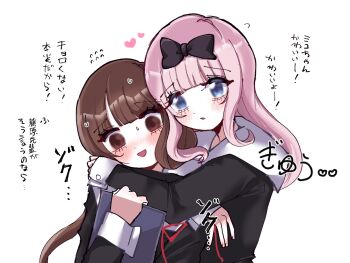 2girls armband black_dress blue_eyes brown_eyes brown_hair clipboard dress fujiwara_chika highres holding holding_clipboard iino_miko kaguya-sama_wa_kokurasetai_~tensai-tachi_no_renai_zunousen~ long_hair low_twintails maid_unfiorm multiple_girls n1ku22a pink_hair shuuchiin_academy_school_uniform twintails white_background yellow_armband