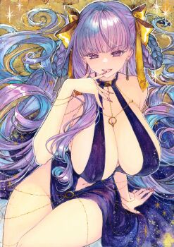 1girl bare_shoulders bb_(fate) bb_dubai_(fate) belly_chain black_dress blush bracelet braid braided_hair_rings breasts chikinan_tarou cleavage covered_erect_nipples dress fate/grand_order fate_(series) hair_ribbon hair_rings highres jewelry large_breasts long_hair looking_at_viewer navel necklace open_mouth painting_(medium) plunging_neckline purple_eyes purple_hair ribbon side_slit sideboob sitting smile solo sparkle thighs traditional_media twin_braids very_long_hair watercolor_(medium) yellow_ribbon