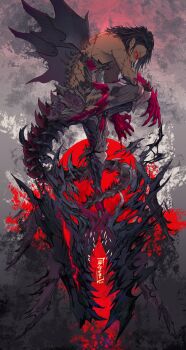 1boy abstract_background absurdres artist_logo battle_scarred black_hair black_scales blood blood_on_hands clawed_feet clawed_hands commentary commentary_request completely_nude dark-skinned_male dark_skin dated dragon_tail english_commentary final_fantasy final_fantasy_xiv from_side full_body glowing glowing_eyes highres kazekyou_tekito logo male_focus medium_hair mixed-language_commentary nidhogg_(ff14) nude personification pointy_ears red_eyes red_scales scar scar_on_arm scar_on_back scar_on_face solid_eyes solo tail