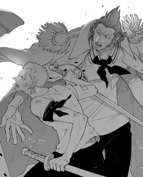 2boys bandana_around_arm chabo_(niwatori_bosori) coat coat_on_shoulders commentary_request earrings epaulettes glint greyscale highres holding holding_sword holding_weapon jewelry male_focus monochrome multiple_boys one_piece open_mouth quiff roronoa_zoro scar scar_on_chin scar_on_face short_hair sideburns sword weapon x_drake