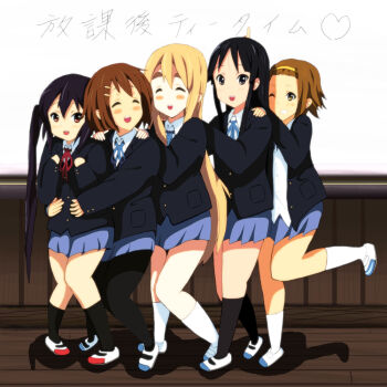 5girls akiyama_mio bad_id bad_pixiv_id black_eyes black_hair blonde_hair blush_stickers brown_eyes brown_hair closed_eyes hirasawa_yui ho-kago_tea_time k-on! kaiman kotobuki_tsumugi long_hair multiple_girls nakano_azusa pantyhose queue school_uniform short_hair tainaka_ritsu