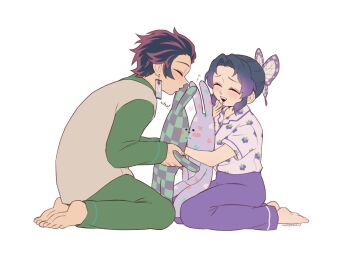 1girl alternate_universe bug butterfly butterfly_hair_ornament closed_eyes earrings good_end gradient_hair green_pajamas grin hair_ornament hanafuda_earrings holding holding_stuffed_toy insect jewelry kamado_tanjirou kimetsu_gakuen kimetsu_no_yaiba kiss kochou_shinobu multicolored_hair open_mouth original pajamas pkhoahue purple_butterfly purple_pajamas rabbit scar scar_on_face scar_on_forehead short_hair smile stuffed_animal stuffed_rabbit stuffed_toy updo