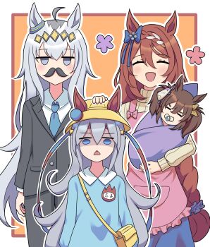4girls animal_ears bag bow braid ear_ribbon facial_hair family_portrait fox_mask headdress highres horse_girl inari_one_(umamusume) kindergarten mask multiple_girls mustache name_tag oguri_cap_(umamusume) pacifier school_bag school_uniform shoulder_bag super_creek_(umamusume) tamamo_cross_(umamusume) umamusume umamusume:_cinderella_gray user_njyp2785