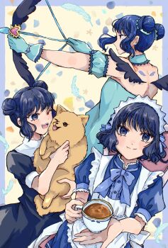 1girl aizawa_mint animal bird_girl blue_eyes blue_hair blueskytake bow bow_(weapon) cafe_mew_mew_uniform choker commentary_request cup detached_sleeves dog double_bun dress gloves hair_bun highres holding holding_animal holding_bow_(weapon) holding_weapon looking_at_viewer magical_girl mew_mint mickey_(tokyo_mew_mew) mintone_arrow multiple_views parrot_girl puffy_detached_sleeves puffy_sleeves short_hair smile teacup tokyo_mew_mew weapon wings