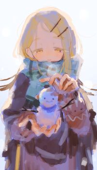 Rule 34 | 1girl, absurdres, aqua scarf, blonde hair, blush, breath, colored eyelashes, commentary request, enpera, flipped hair, gakuen idolmaster, highres, idolmaster, light smile, looking at object, mini snowman, orange eyes, scarf, shinosawa hiro, simple background, snowman, solo, utsusemi 1024, white background