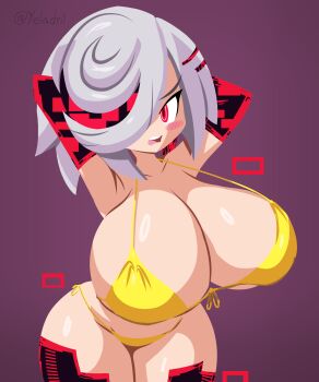 1girl arms_behind_head bad_tag bikini blush blush_stickers breasts cleavage gigantic_breasts glitch gloves hair_over_one_eye multicolored_hair open_mouth oppai_loli purple_background red_eyes sage_(sonic) short_hair signature simple_background solo sonic_(series) sonic_frontiers streaked_hair swimsuit teeth thick_thighs thighhighs thighs upper_teeth_only yelladrill yellow_bikini