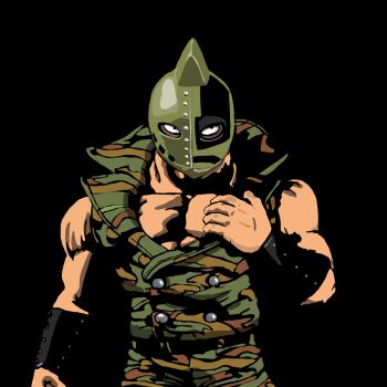 Rule 34 | 1boy, artist request, bare shoulders, black background, helmet, highres, kinniku ataru, kinnikuman, kinnikuman soldier, large pectorals, looking at viewer, manly, military, military uniform, muscular, pectorals, shaded face, simple background, solo, standing, wrestling, wrestling mask, wrestling outfit