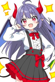 Rule 34 | 1girl, :d, black skirt, blush, bow, bowtie, collared shirt, commentary request, cowboy shot, demon girl, demon horns, demon tail, demon wings, dot nose, fang, frilled skirt, frills, horns, kotatsu-mazoku, long hair, long sleeves, looking at viewer, open mouth, original, pleated skirt, purple hair, red bow, red bowtie, red eyes, shirt, shoshinsha demon girl (kotatsu-mazoku), shoshinsha mark, simple background, skin fang, skirt, smile, solo, sparkle, suspender skirt, suspenders, tail, waist bow, white background, white shirt, wings