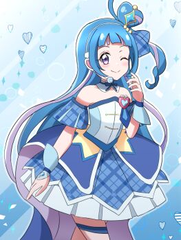 1girl aokaze_nana bare_shoulders blue_dress blue_hair boots closed_mouth commentary cure_wink detached_collar detached_sleeves dress hair_bun hands_up heart heart-shaped_hair highres idol_heart_brooch_(precure) interlocked_fingers kei_yunokawa kimi_to_idol_precure long_hair looking_at_viewer magical_girl multicolored_hair one_eye_closed pleated_dress precure purple_eyes short_dress smile solo sparkle standing thigh_strap white_boots wrist_cuffs