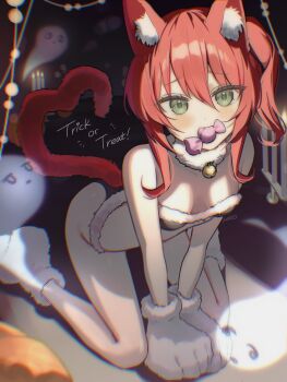 1girl absurdres all_fours animal_ear_fluff animal_ears animal_hands blush bocchi_the_rock! breasts candy cat_ears cat_paws cat_tail commentary english_commentary food gloves green_eyes heart heart_tail highres huge_breasts kemonomimi_mode kita_ikuyo medium_hair mouth_hold paw_gloves paw_shoes red_hair rounizm side_ponytail tail thighs trick_or_treat wrapped_candy