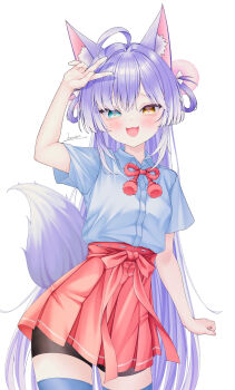Rule 34 | 1girl, absurdres, ahoge, animal ear fluff, animal ears, aqua eyes, arm at side, arm up, bike shorts, bike shorts under skirt, blue shirt, blush, bright pupils, collared shirt, commentary, cowboy shot, fang, fox ears, fox girl, fox tail, heterochromia, highres, korean commentary, long hair, looking at viewer, open mouth, orange eyes, orange pupils, parted bangs, pink pupils, pleated skirt, purple hair, purple tail, raised inner eyebrows, red skirt, shirt, shirt tucked in, short sleeves, simple background, skirt, smile, solo, standing, stellive, tail, tenko shibuki, v, very long hair, vini (frisco), virtual youtuber, white background, wing collar