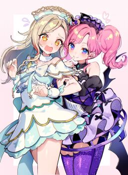 2girls aikatsu! aikatsu!_(series) aikatsu!_x_pripara_the_movie_-deai_no_kiseki!- amahane_madoka bare_shoulders bat_wings blonde_hair blue_eyes blush commentary_request cosplay detached_sleeves dress embarrassed finger_to_mouth flying_sweatdrops fur_collar heart highres idol_clothes kurosawa_rin kurosu_aroma kurosu_aroma_(cosplay) long_hair multiple_girls open_mouth pink_hair pretty_series pripara purple_dress purple_thighhighs shiratama_mikan shiratama_mikan_(cosplay) smile tawan_(46okuneeen) thighhighs twintails white_dress wings wrist_cuffs yellow_eyes