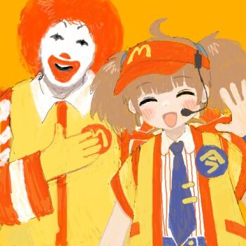 00990099ppcut 1boy 1girl afro closed_eyes clown facepaint imadake_tsukimi_tabemi lowres mcdonald&#039;s ronald_mcdonald waving