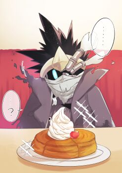 ... ? absurdres black_jacket blue_eyes cherry commentary_request exhaust_pipe food fruit highres jacket kirby_(series) kirby_air_ride kirby_air_riders mirekurage_(grkkdrm3) nintendo no_humans noir_dedede pancake solo sparkle torn_clothes torn_jacket whipped_cream