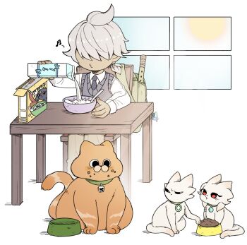 1boy animalization backpack bag cat cereal_box collared_shirt dark-skinned_male dark_skin flute food goumang_(nine_sols) heng_(nine_sols) highres holding holding_milk_carton instrument kuafu_(nine_sols) long_sleeves low_ponytail milk_carton necktie nine_sols o3o ponytail purple_necktie purple_sweater recorder school_uniform shirt shuanshuan_(nine_sols) solo sweater white_hair white_shirt yi_(nine_sols) yyang_gg