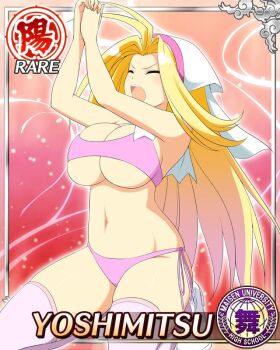 1girl :o antenna_hair arms_up bikini blonde_hair bonnet border breasts card_(medium) character_name cleavage closed_eyes game_cg groin hair_intakes kneeling large_breasts long_hair navel official_art own_hands_together parted_bangs pink_bikini pink_thighhighs praying senran_kagura senran_kagura_new_wave shoes solo swimsuit thighhighs underboob white_bonnet yoshimitsu_(senran_kagura)